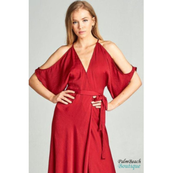 Palm Beach Boutique Dresses & Skirts - Aakaa Red Maxi Wrap Cold Shoulder Dress